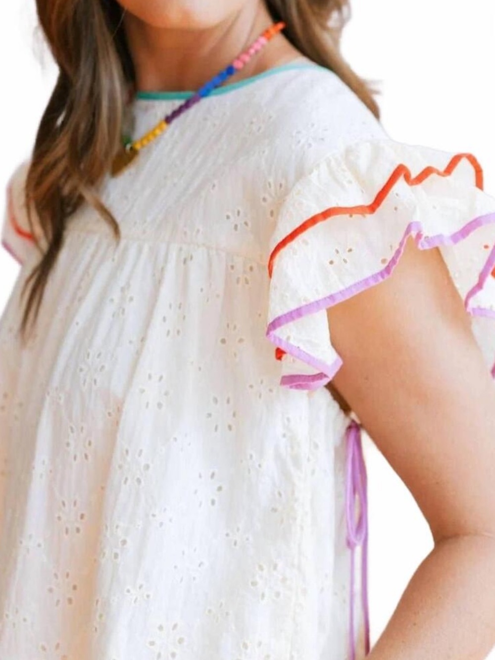 Sunshine Tienda Lottie Eyelet Flutter Sleeve Top with Color-Trim Sz XS/S